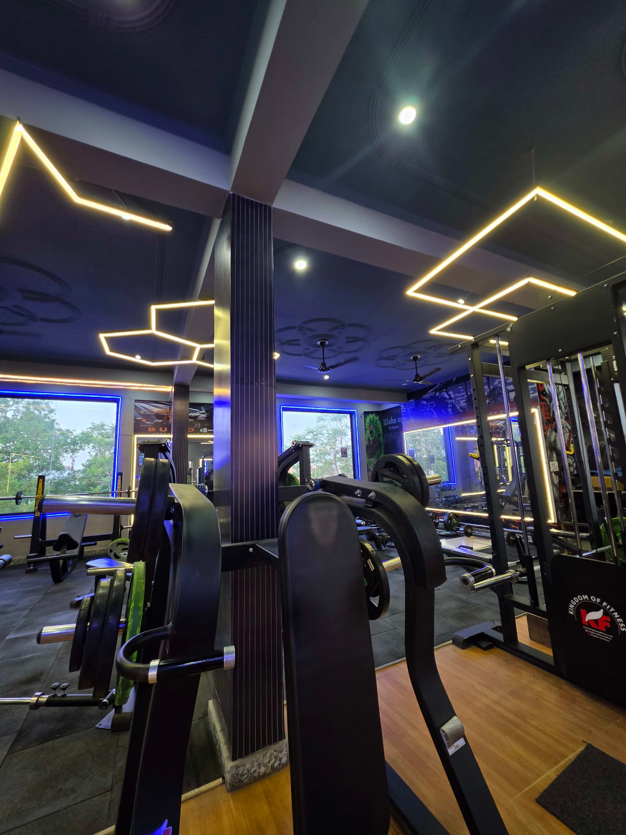 Plate-loaded cable machine with mirrored walls and neon lighting at G2 Fitness Club