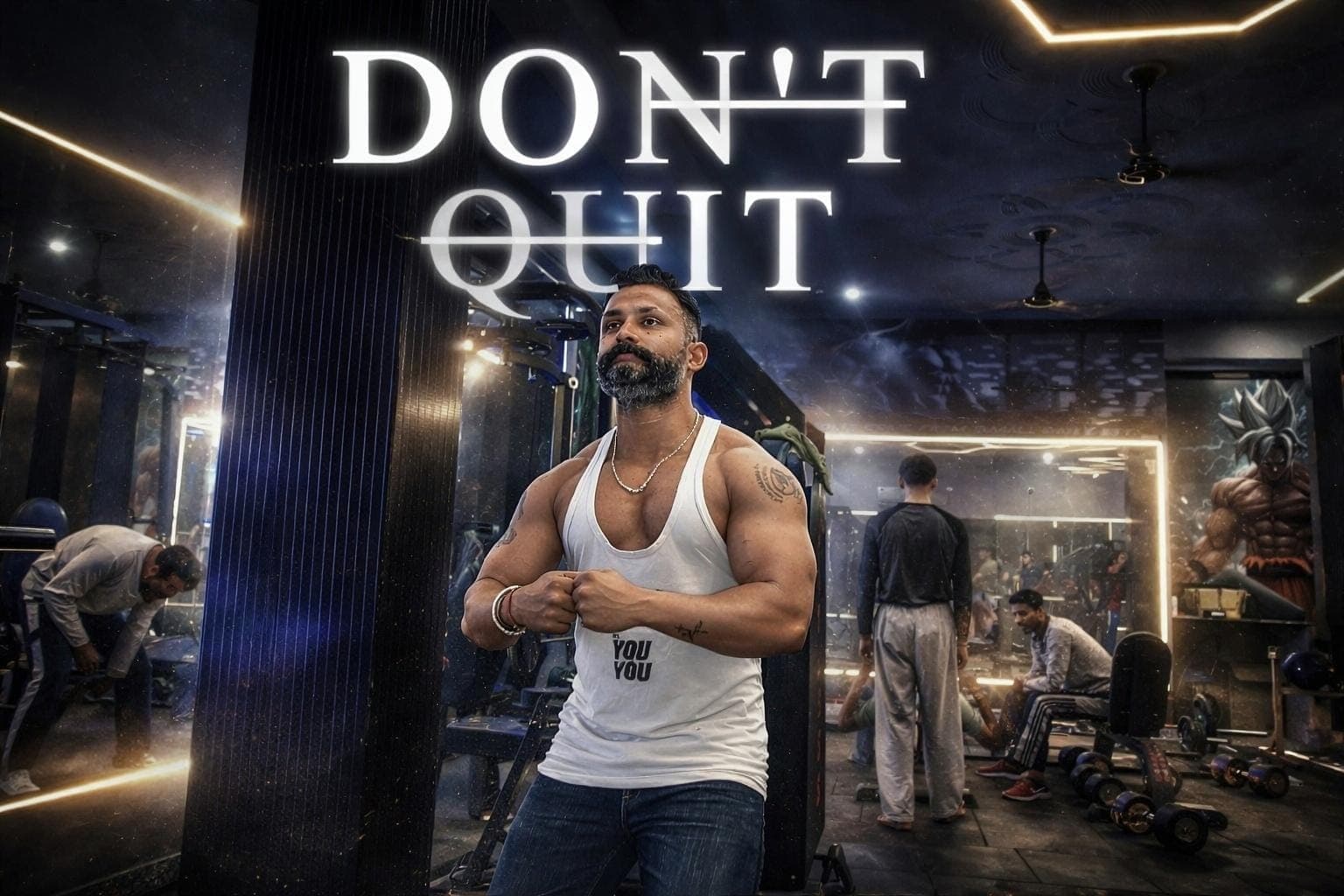 Member flexing his arms under a 'Don't Quit' motivational graphic at G2 Fitness Club